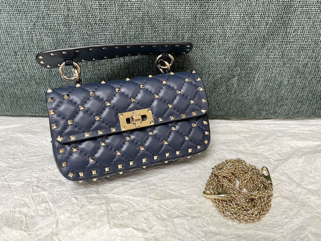 Valentino Garavani Rockstud Spike Small Chain Bag in Dark Blue Supple Lambskin Nappa